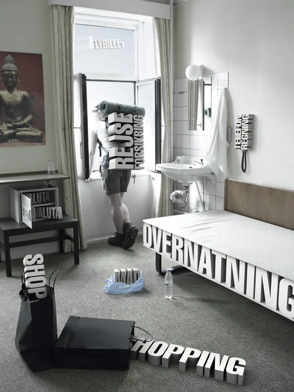BG Bank – rejsen, hvor udgifterne står som 3D-ord: rejseforsikring, flybillet, overnatning og shopping