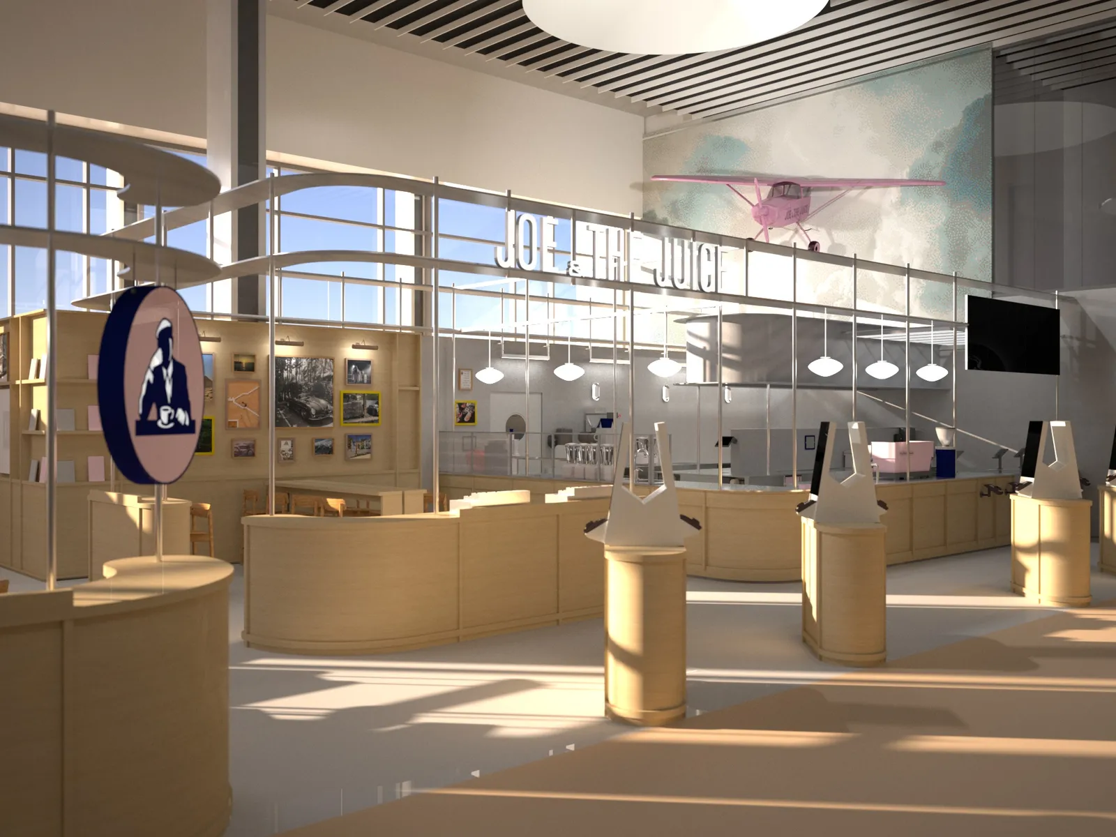 Joe & The Juices juicebar i Terminal 2 med et lyserødt fly på mosaikvæggen