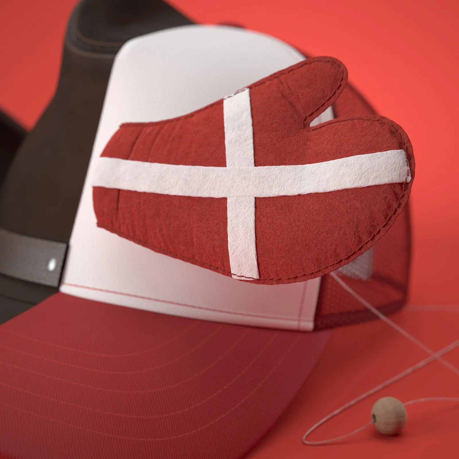 Jolly Cola – kasket med vante i Dannebrog, færdig render